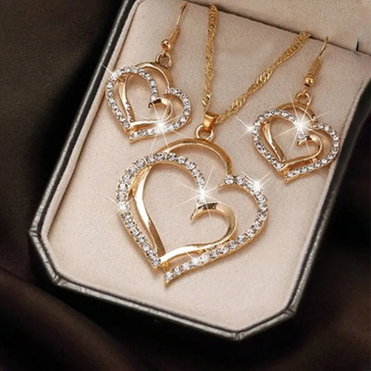 3 Pcs Set Heart Shaped Jewelry Set of Earrings Pendant Necklace for Women Exquisite Fashion Rhinestone Double Heart Jewelry Set